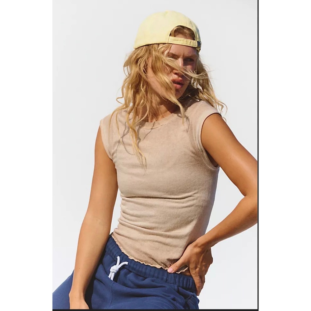 Free People Movement Double Point Tee Ribbed Cap Sleeve Lettuce Edge Tan XL NWOT